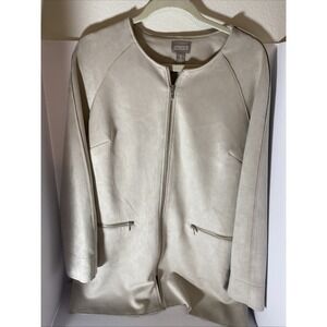 Chico's Faux Suede Lace Up Sleeve Size 2 L/12 Beige Zip‎ Front Blazer Jacket H1